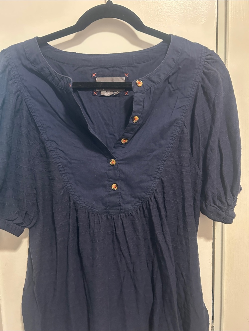 Anthropologie Navy Textured Button-Front Short Sleeve Tunic